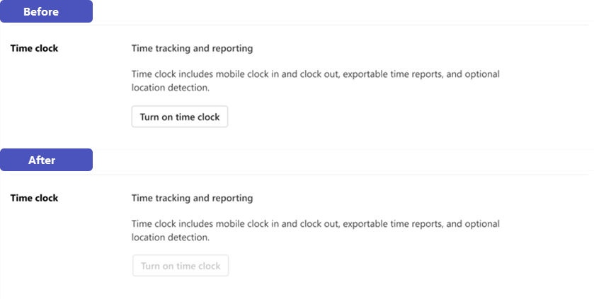 דוגמה להגדרת שעון הזמן ב-Shifts עבור מנהלי קו החזית לפני ואחרי הסרת ההרשאות שלהם כדי לשנות אותו.