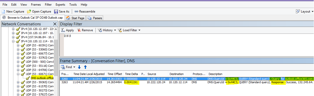 מעקב Netmon של טעינת Outlook Online מסונן לפי DNS, והשימוש ב'חפש שיחות' ולאחר מכן ב- DNS כדי לצמצם את התוצאות.