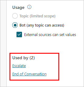 Screenshot showing the list of topics used by a variable in the Variable Properties pane.