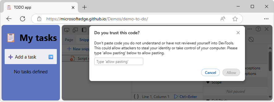 Sources tool's Snippets tab editor displaying the self-XSS warning