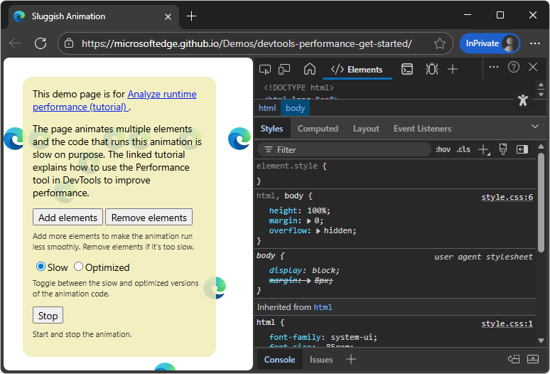 The demo on the left, and DevTools on the right
