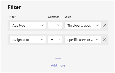 Screenshot showing how to filter apps by combining various criteria such as assignments, app type, and app status.