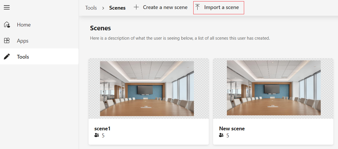 Screenshot shows the Import a scene option highlighted in red in the scene studio.