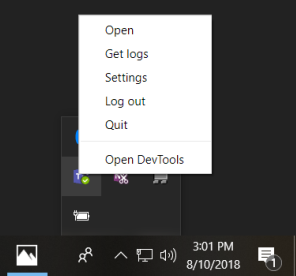 Screenshot shows the option to open DevTools from Windows desktop.