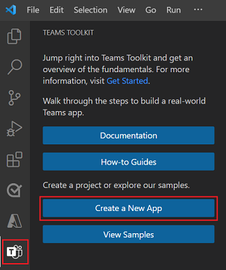 Screenshot shows the Create New Project button in the Teams Toolkit sidebar.