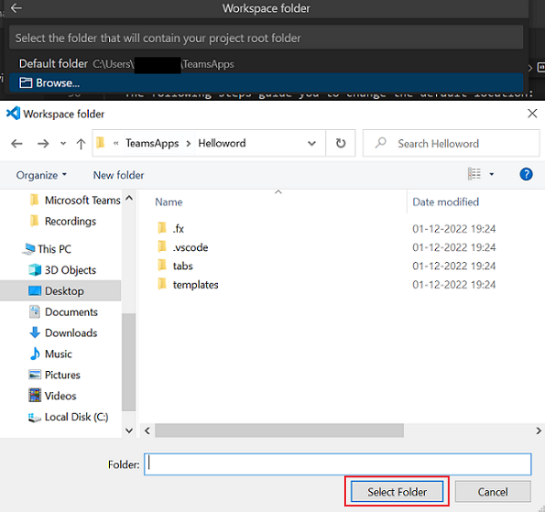 Screenshot shows the Select Folder option highlighted.