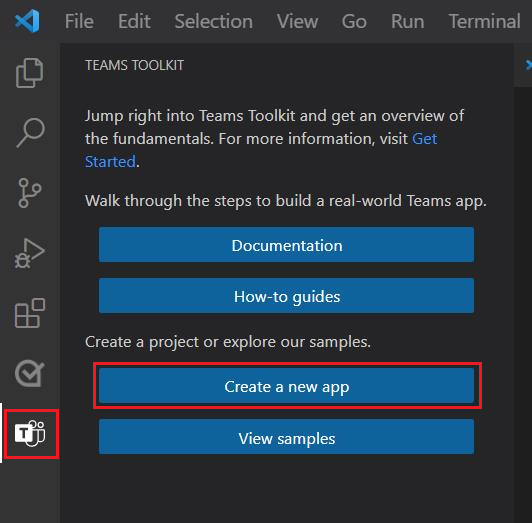 screenshot shows the Create New Project button in the Teams Toolkit sidebar.