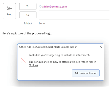 Dialog with a customized Don't Send button requesting the user to add an attachment to the message.