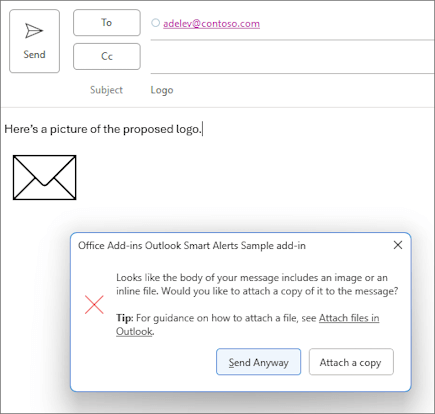 Smart Alerts dialog with the Send Anyway option available at runtime.