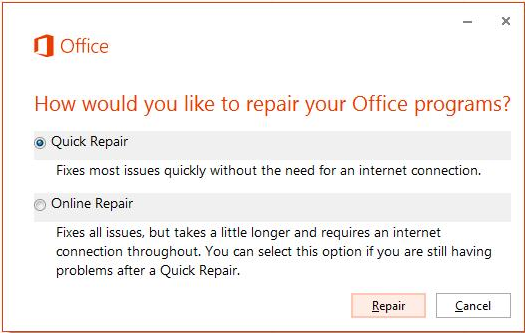 בחר באפשרות תיקון מהיר כדי לתקן תוכניות Office.