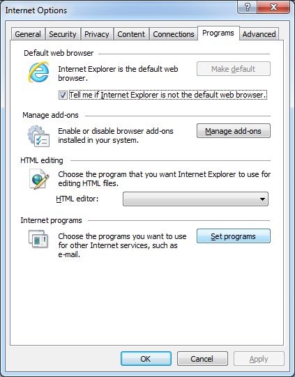 צילום מסך של האפשרות 'הגדרת תוכניות' ב'אפשרויות אינטרנט' ב- IE9.