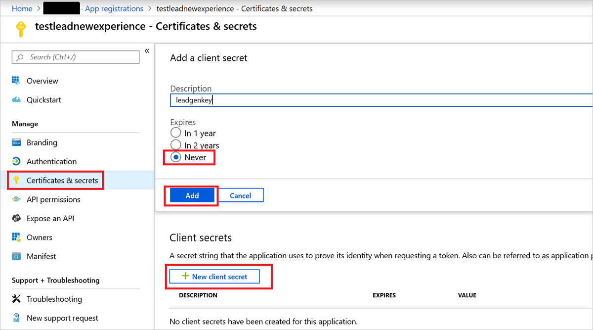 Screenshot illustrating the Certificates and secrets menu item.