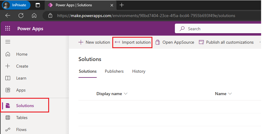 Screenshot illustrating the Import Solution button.