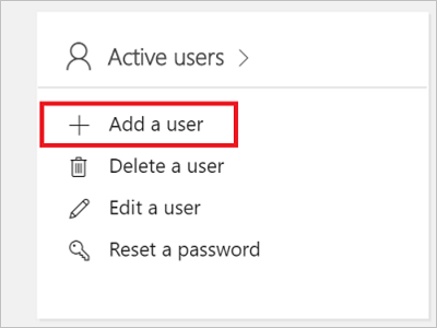 Screenshot illustrating the Microsoft 365 admin center Add a user option.