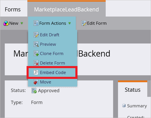 Screenshot showing the Marketo Embed Code screen.
