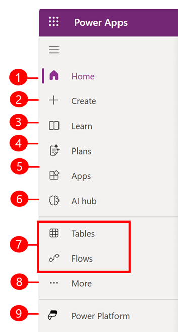 Power Apps left navigation pane. Power Apps left navigation pane.