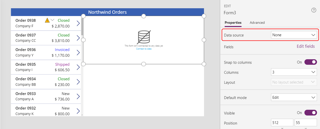 Set the DataSource property of the Edit form control.