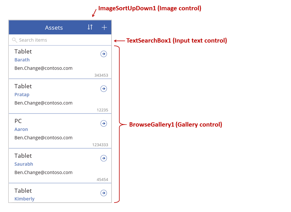 Sorting and searching controls on browse screen.