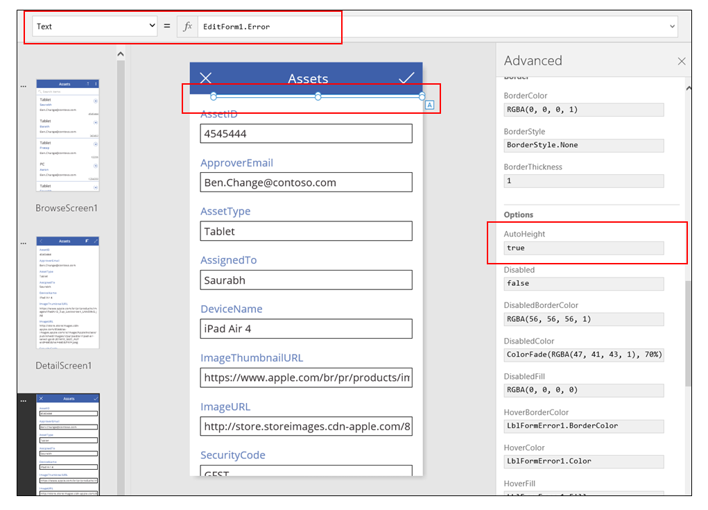 App from data edit form with error text control selected.