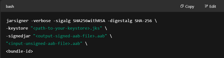 Screenshot of command prompt showing jarsigner usage for AAB file.