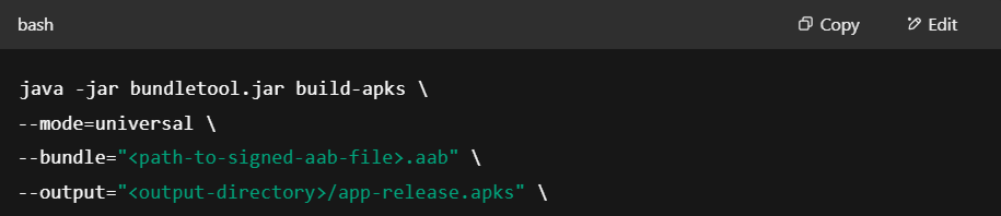 Screenshot of command prompt showing java code for AAB file.