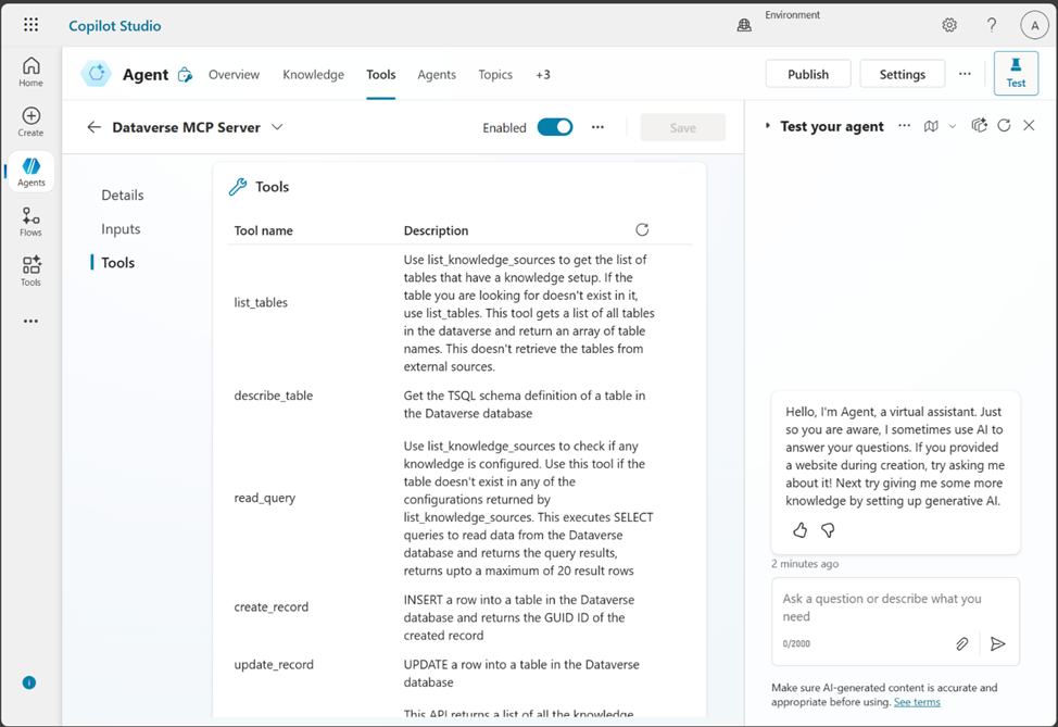 Screenshot of Dataverse MCP in Copilot Studio.