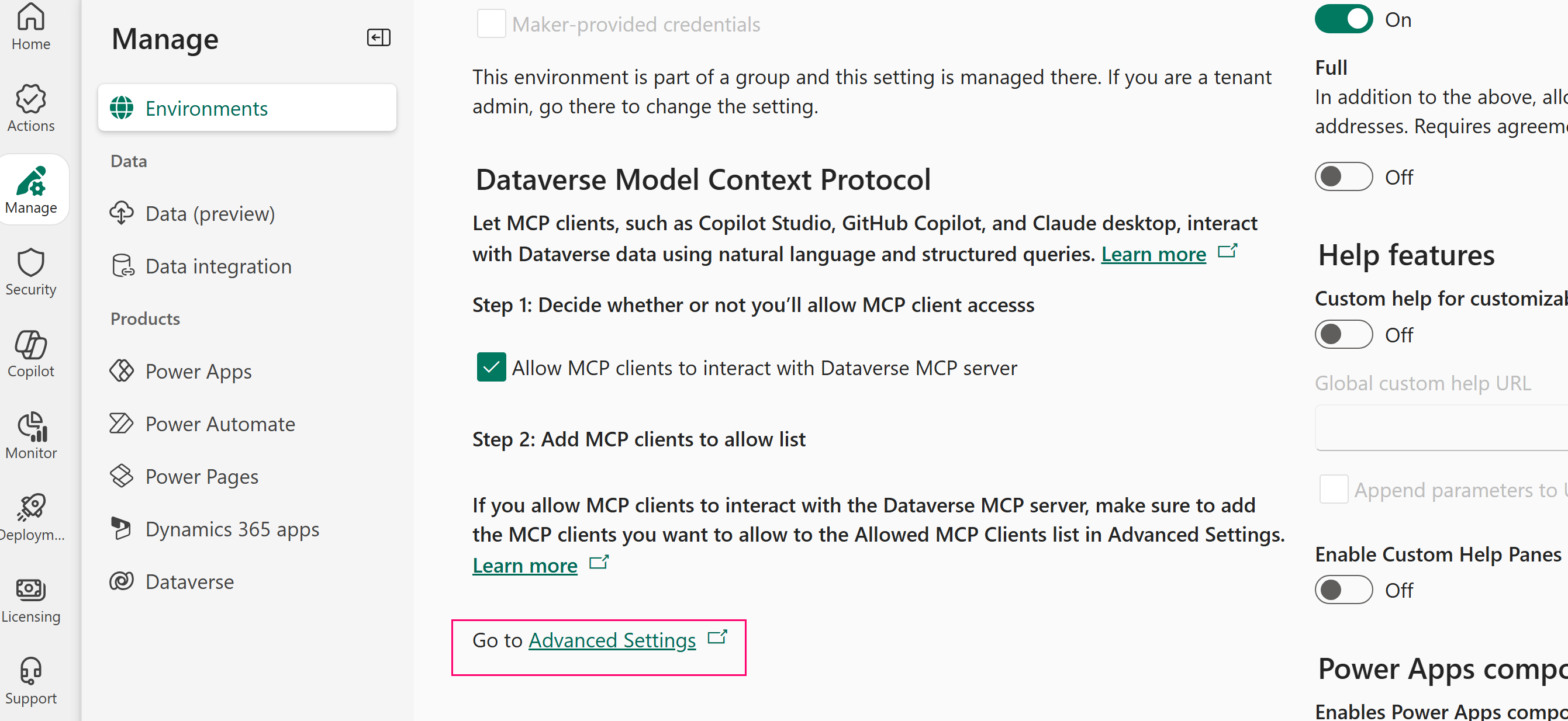 Enable non-Microsoft MCP clients for Dataverse
