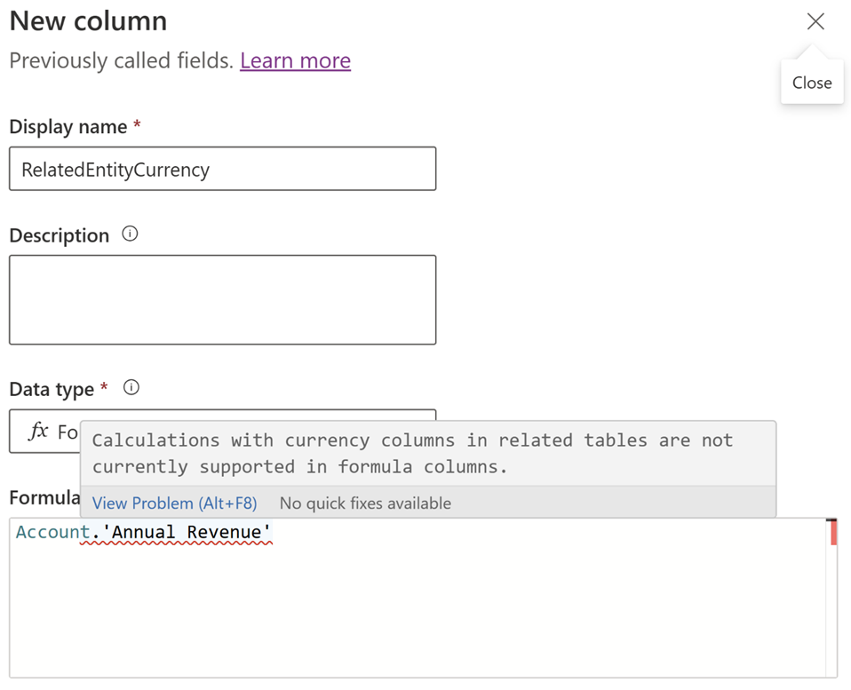 Formula column with unsupported formula of Account.Annual Revenue