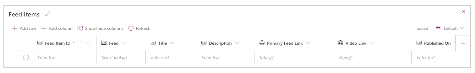 עורך חזותי לטבלה 'פריטי הזנה'.