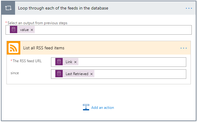 הוספת הפעולה 'רשימה של כל פריטי הזנת ה- RSS'.