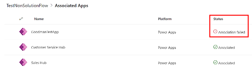 Screenshot that shows the status of apps on the Associated Apps page.
