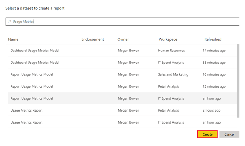Screenshot of selecting the Usage Metrics Report semantic model.