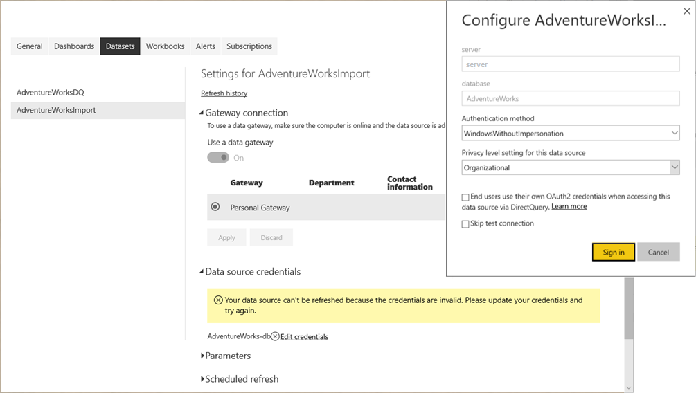 Configure data source credentials for gateway