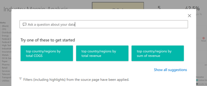 Screenshot of an open Power BI Q&A Explorer window with suggested questions.