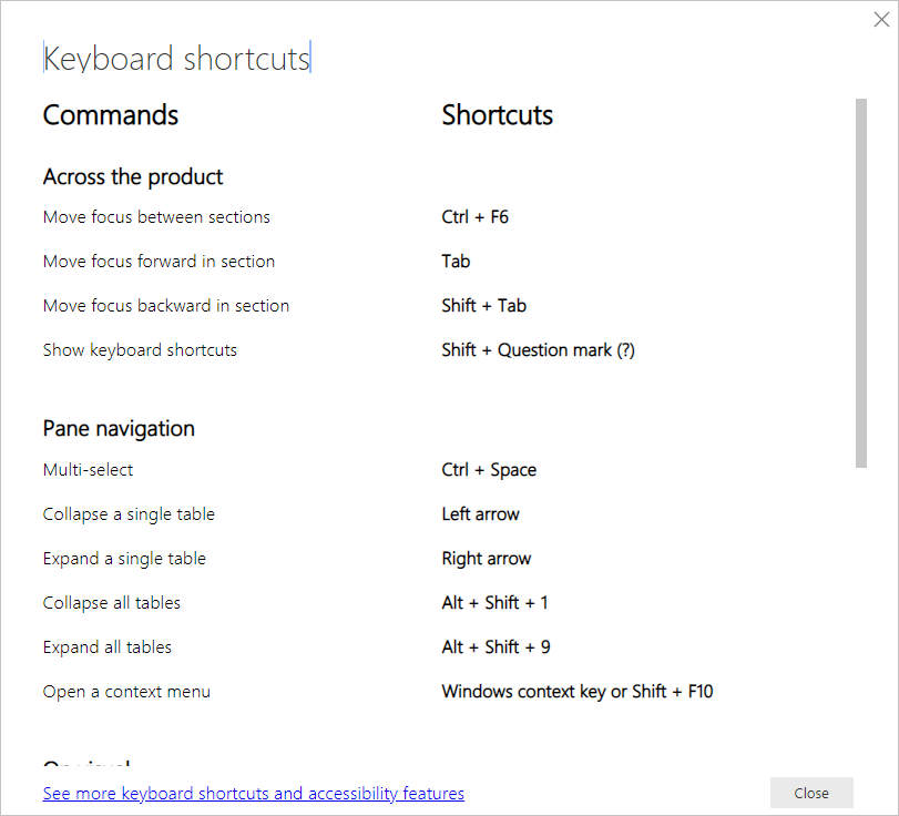 Screenshot of the keyboard shortcuts in Power BI Desktop.