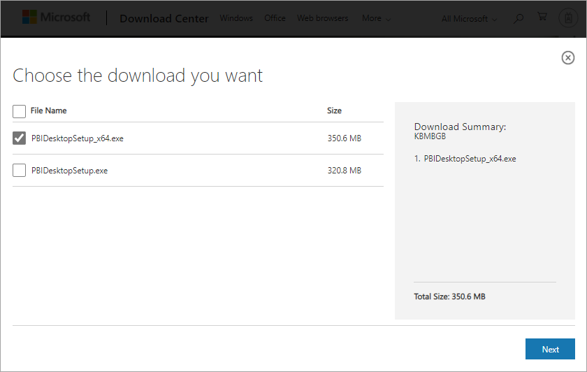 Screenshot of Download Center showing the 64-bit Power BI Desktop download selected.
