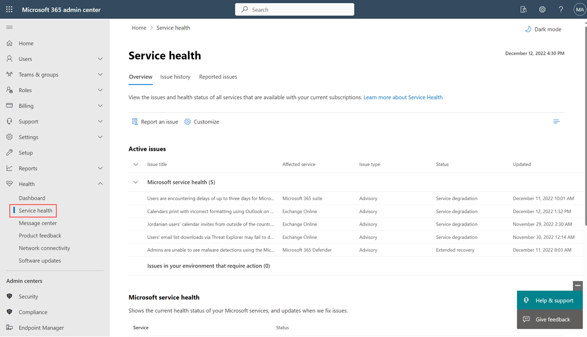 Screenshot of the Microsoft 365 admin center with the Health and Service health options called out.