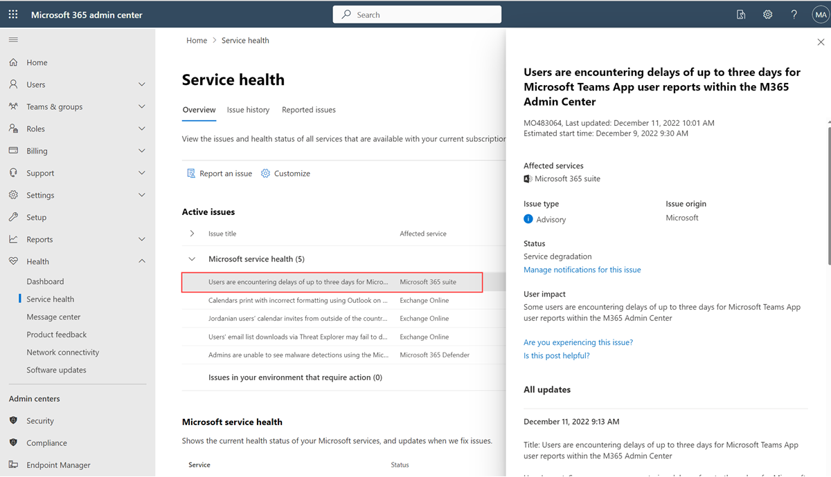 Screenshot of the Service health page with an active issue selected. The issue details pane for the selected item is on the right side of the screen.