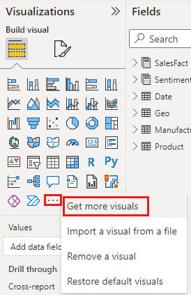 Screenshot of the Get more visuals option in the Visualizations pane.