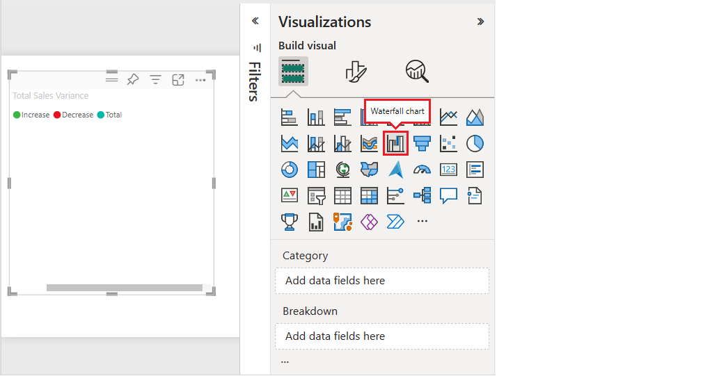 Screenshot that shows how to select the waterfall chart visualization in Power BI.
