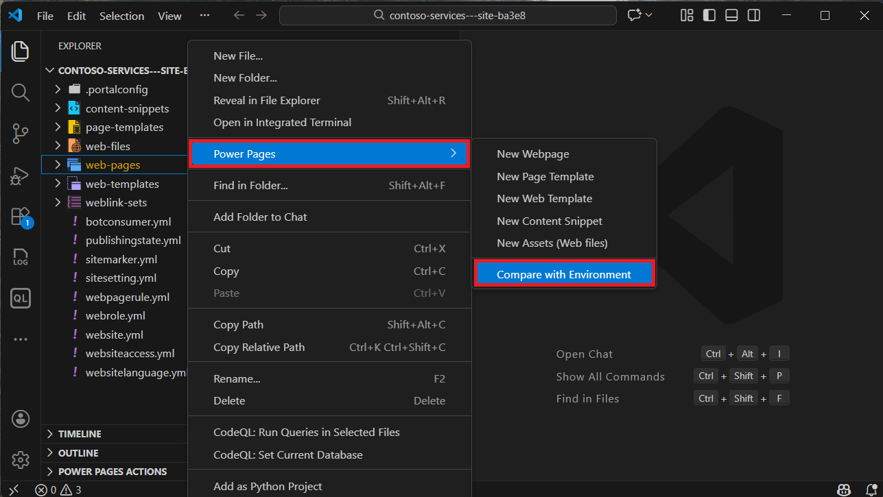 Screenshot showing compare option in the local workspace folder.