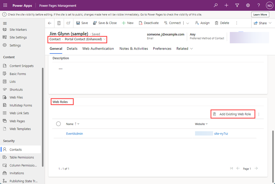 Screenshot of assigning a web role under the enhanced data model.