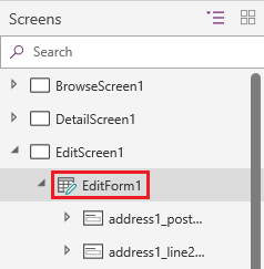 בחלונית הניווט הימנית, בחר EditForm1 ב- EditScreen1.