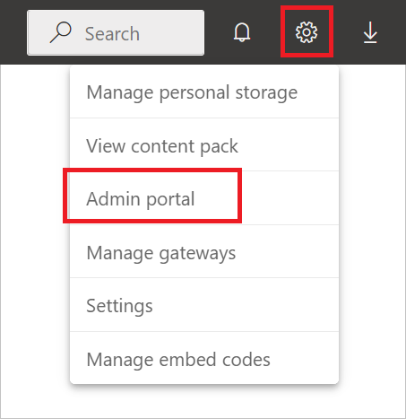 Screenshot of the opened settings menu, with the Admin portal emphasized.