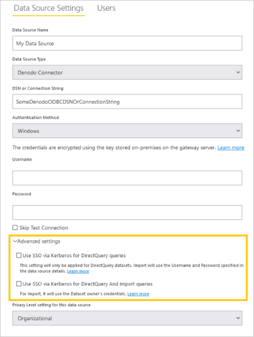 Screenshot of the Data Source Settings dialog where you set Denodo SSO using Kerberos.
