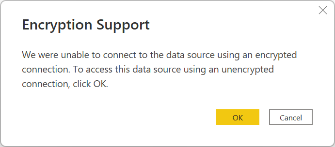 Screenshot of the encryption support dialog, emphasizing that a connection couldn't be made and asking whether to use an unencrypted connection.
