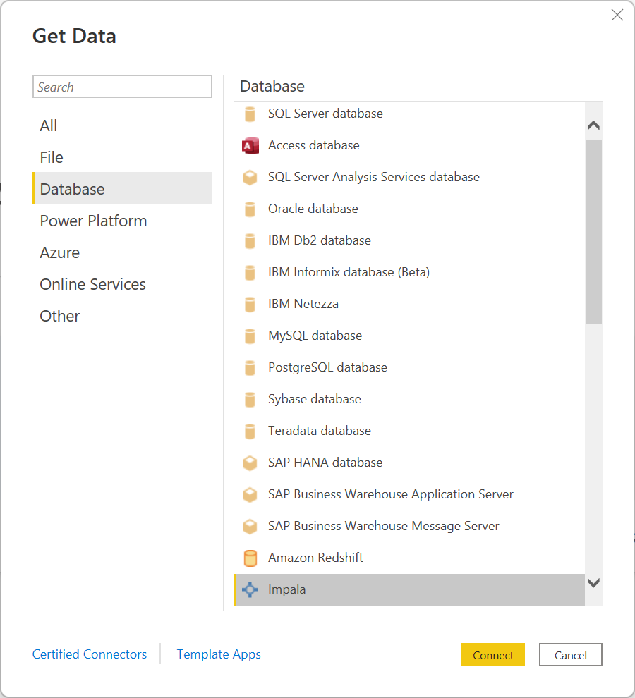 Screenshot of the Get Data dialog with the Database category and Impala connector selected.