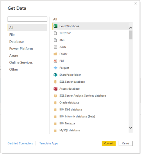Screenshot of the Get Data dialog opening screen.