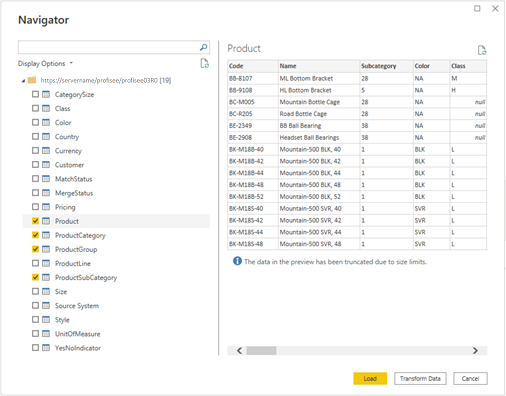 Screenshot of the Navigator dialog after you select the entities you want to use.