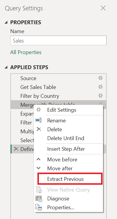 Screenshot of the applied steps context menu with the Extract previous step emphasized.